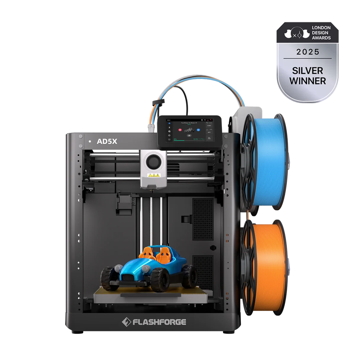 Official Flashforge AD5X product image with four-color filament feeding and a model car on the build plate