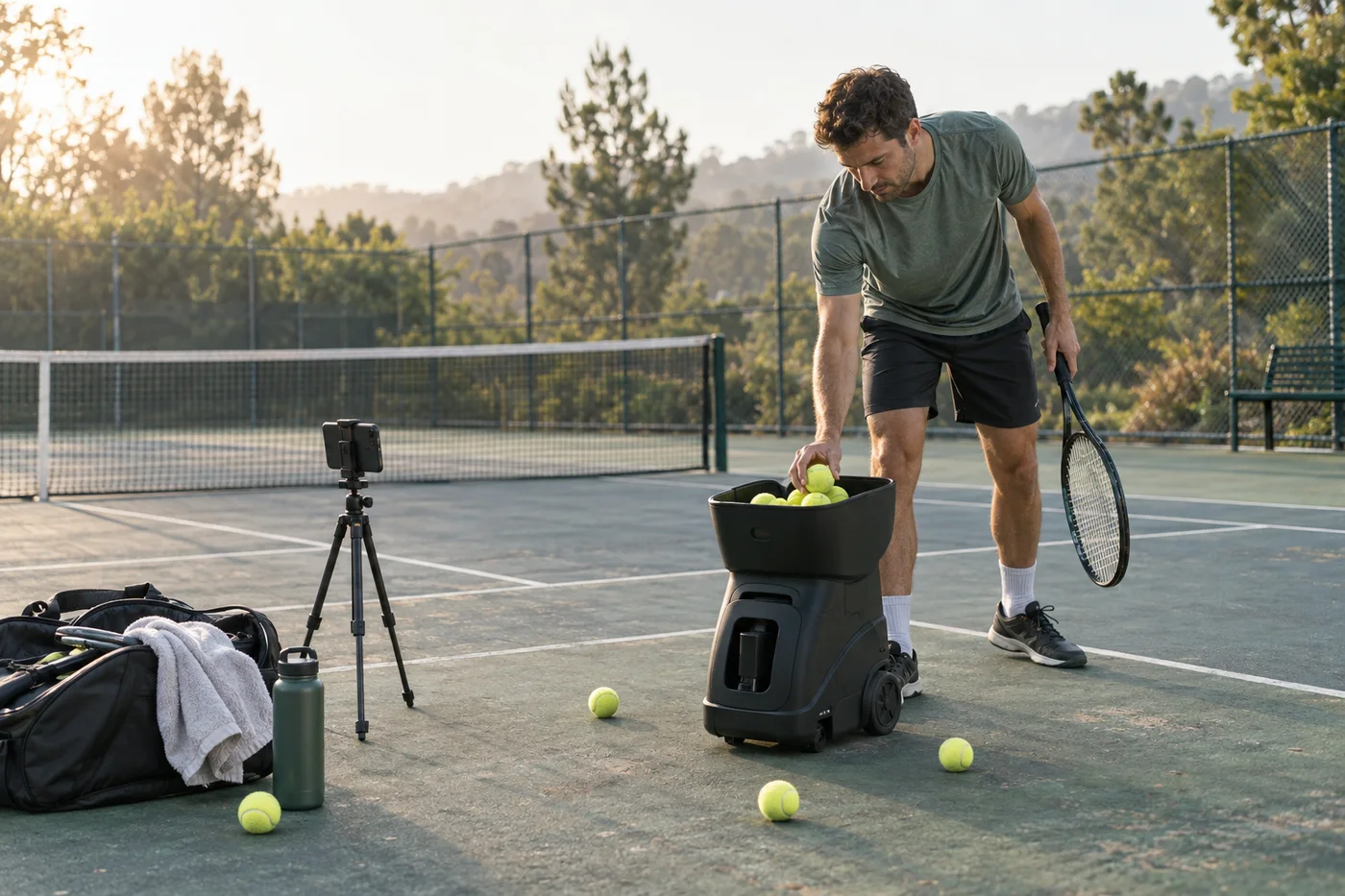 A recreational tennis player loading balls into a compact training machine on an outdoor hard court