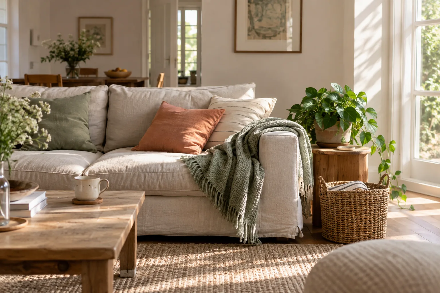A calm, lived-in living room